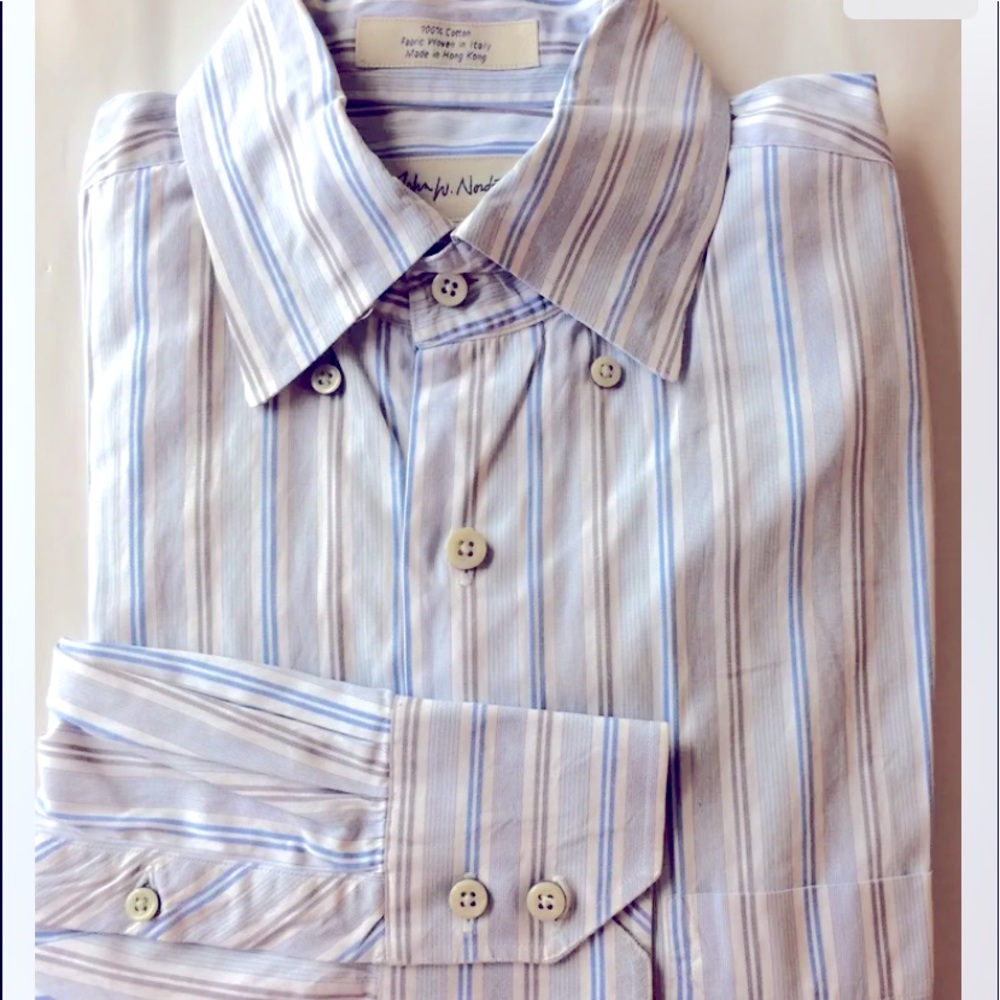John Nordstrom Men Dress Shirt M Cotton Fabric Woven In Italy Blue White Stripe
